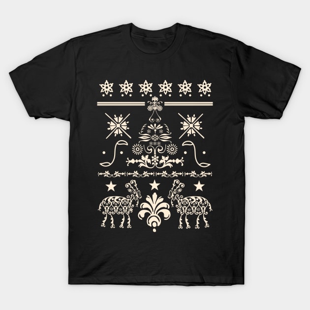 Vintage Christmas Gothic Pagan Yule Goat Evergreen Tree Fair Isle Pattern T-Shirt by retroyule